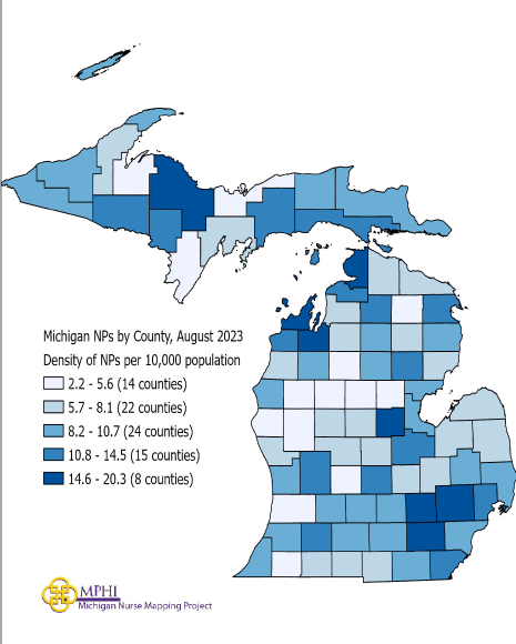 Michigan map of NPs by county in 2023